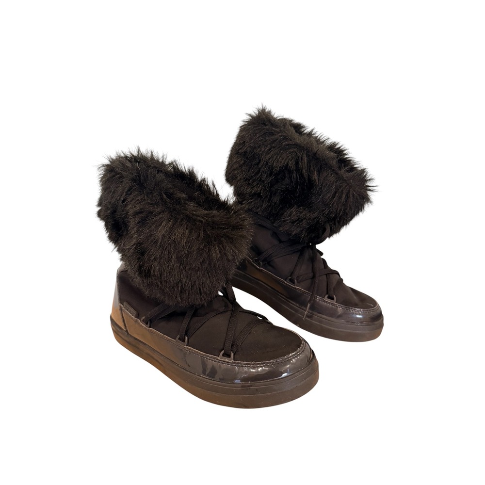 Crocs AllCast Luxe Black Faux Fur Trim Snow Boots Women 8 Duck Boots Lace Up